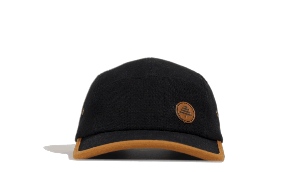 rotating gif of hemp cotton mix bract apparel 5-panel hat with logo patch and engraved buckle