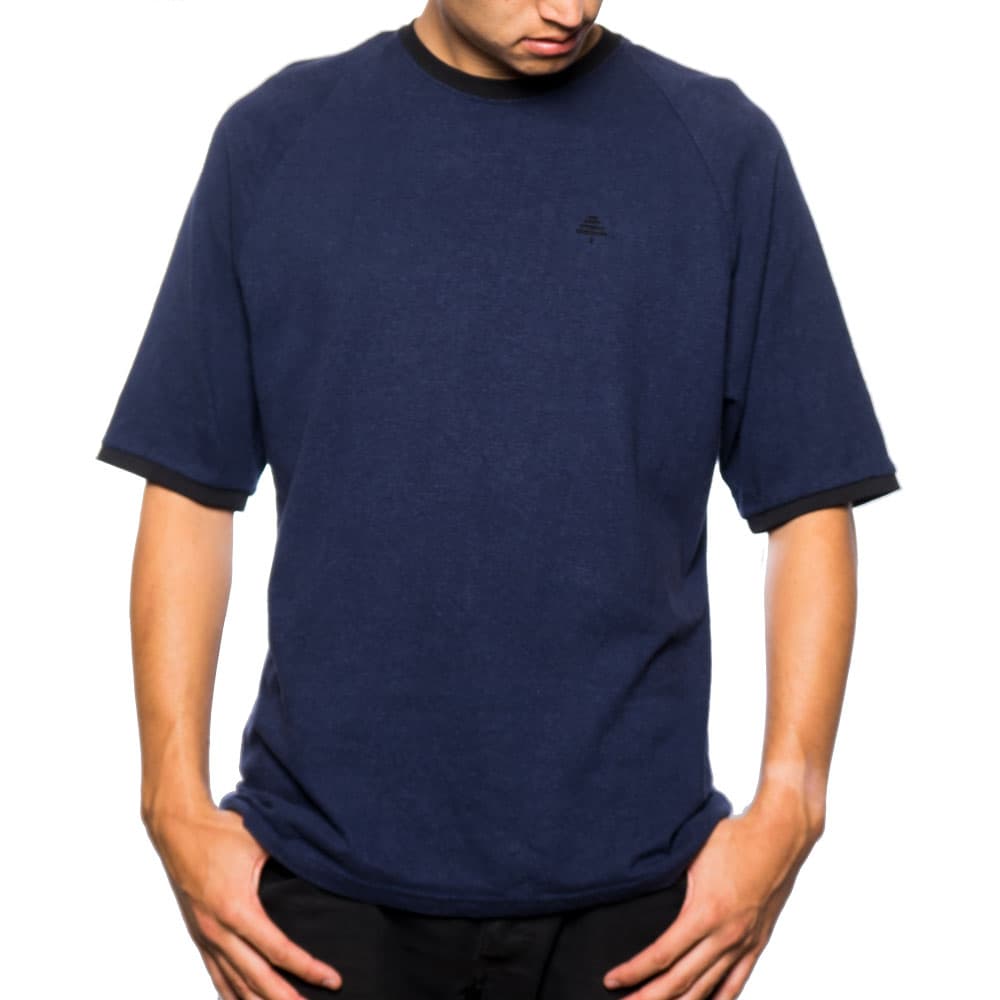 man wearing size large bract apparel cotton hemp mix raglan ringer tee in midnight